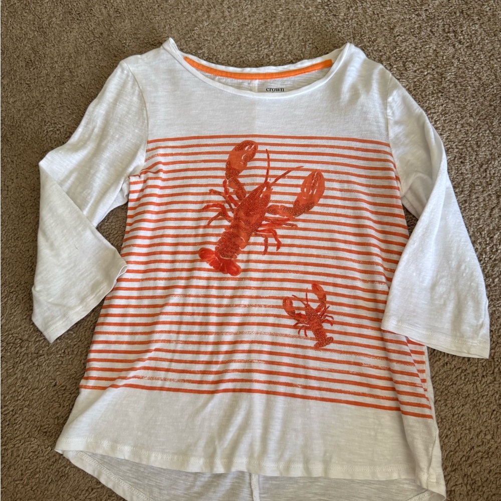 Crown & Ivy Orange and White Long Sleeve Tee with Nautical Lobster Design